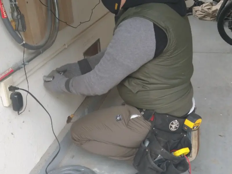 Electrician performing outlet wiring in a North Branch garage